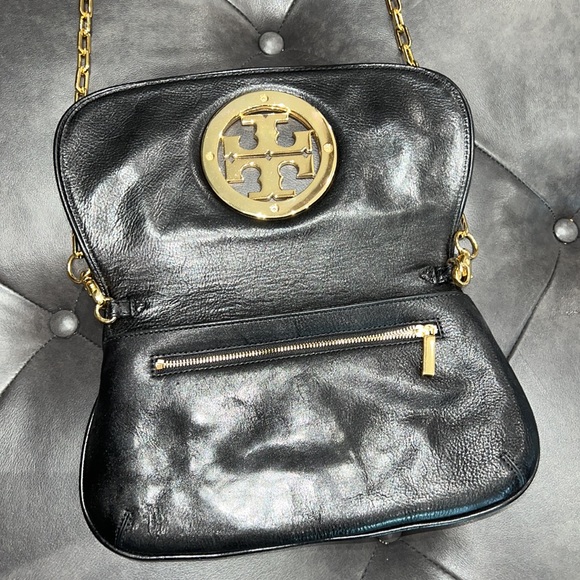 Tory Burch Reva Logo Black Crossbody Bag Gold Chain Leather Handbag w/ D… - Picture 3 of 8